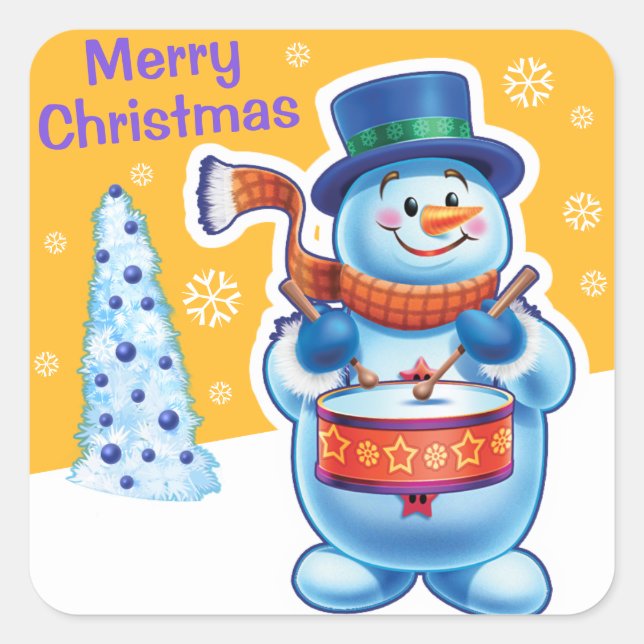 Christmas gold square sticker Snowman drummer. (Front)