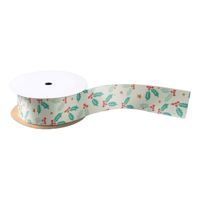 Christmas Gold Stars And Mistletoe Satin Ribbon (Spool)