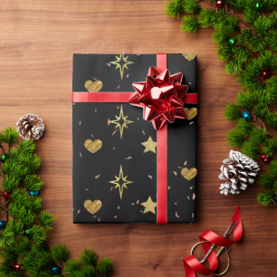 Christmas Gold Stars Gold Hearts in Black Patterns Wrapping Paper