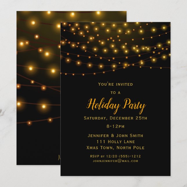Christmas Gold String Lights Holiday Party Invitation (Front/Back)