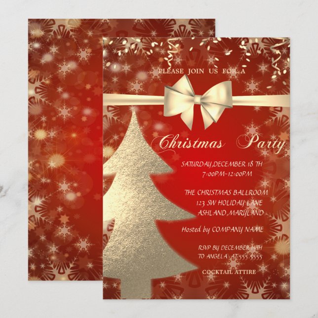 Christmas Gold Tree,Red,Corporate Party Invitation (Front/Back)