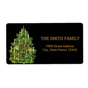Christmas Gold Tree with Black Background Label