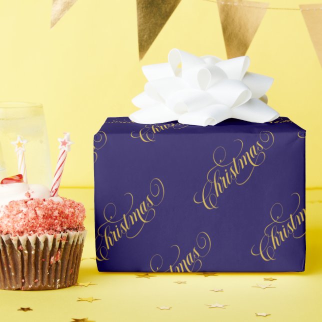 Christmas Gold Typography Pattern Blue Wrapping Paper (Birthday Party)