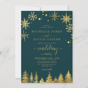 Christmas Gold  Woodland Pine Trees Wedding  Invitation