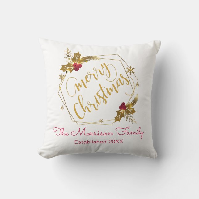 Christmas Gold Wreath Personalised Family Name Cushion (Front)