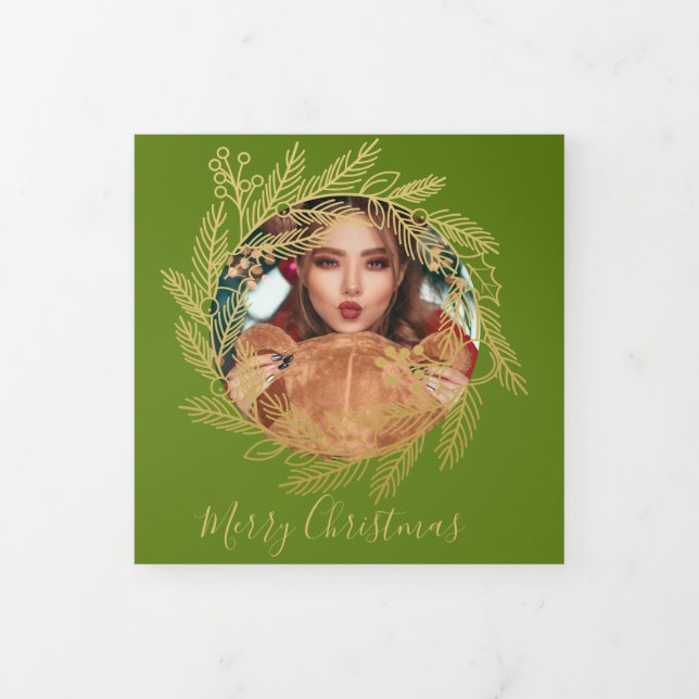 Christmas Gold Wreath Photo Personalised Christmas Tri-Fold Holiday Card (Cover)