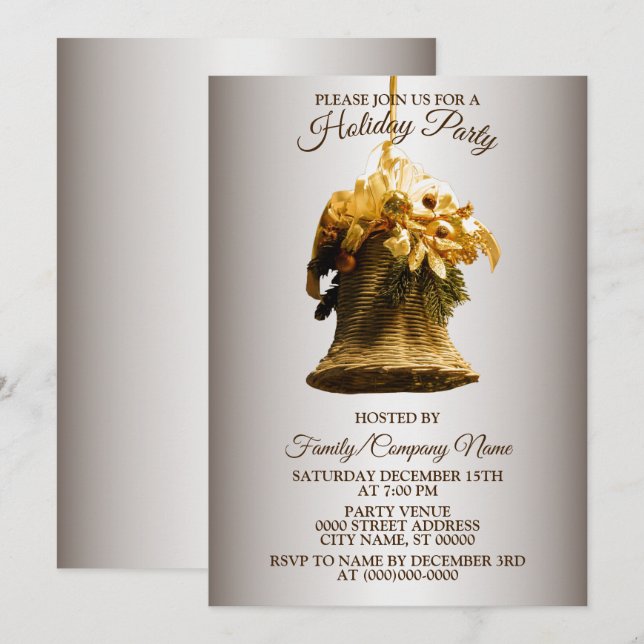 Christmas Golden Bell Yellow Flower Holidays Party Invitation (Front/Back)