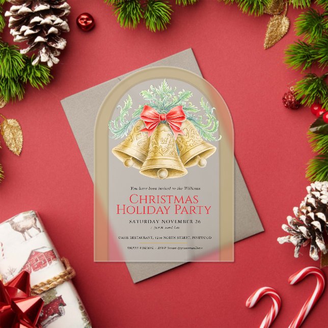 Christmas golden bells and red bow acrylic invitations (Insitu (Holiday))