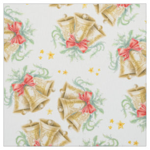 Christmas golden bells and red bows watercolor art fabric