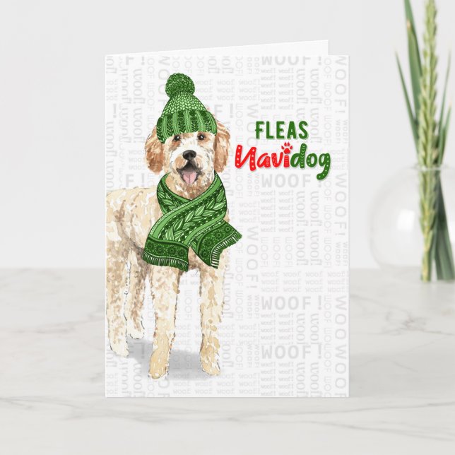 Christmas Golden Doodle Dog Fleas NaviDOG Holiday Card (Front)