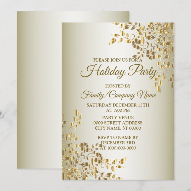Christmas Golden Flowers Holidays Party Invitation (Front/Back)