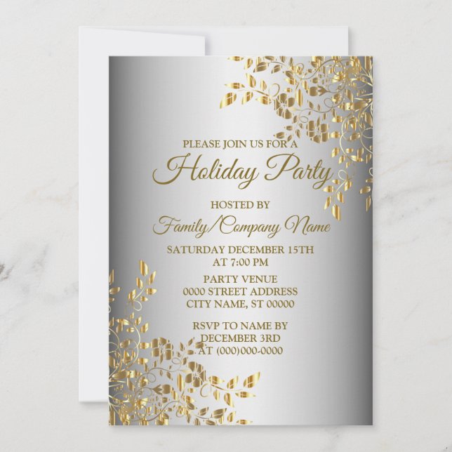 Christmas Golden Flowers Holidays Party Invitation (Front)