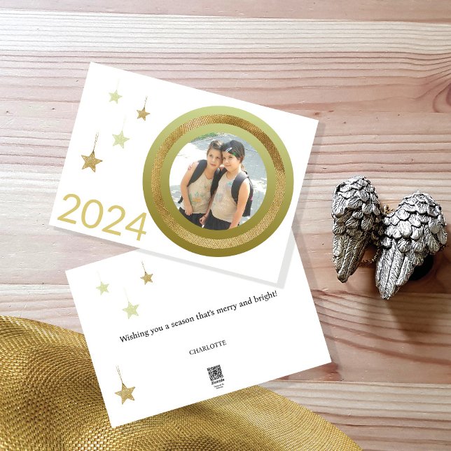 Christmas Golden Frame One Photo Stars Holiday Card (Creator Uploaded)
