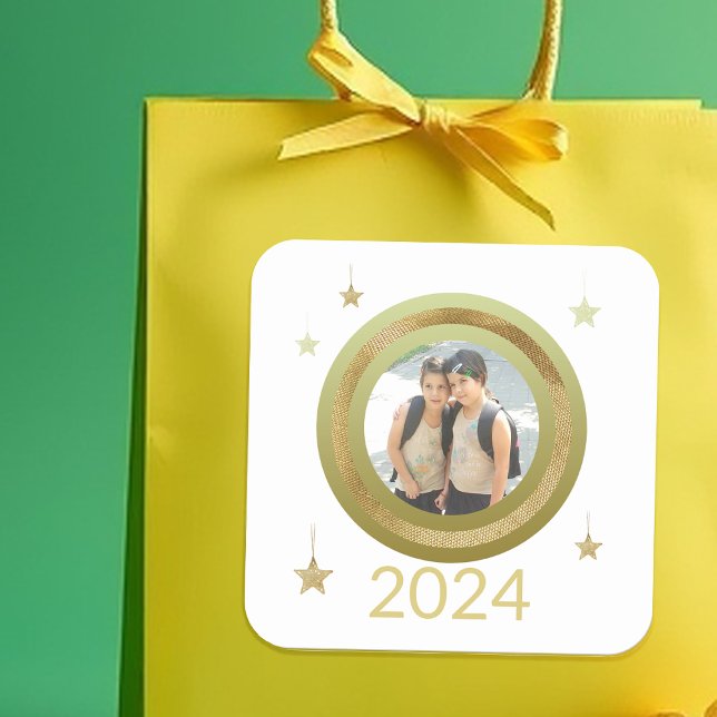 Christmas Golden Frame One Photo Stars Square Sticker (Creator Uploaded)