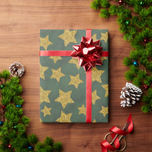 Christmas Golden Glitter Star on Watercolor Green Wrapping Paper