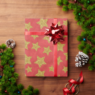 Christmas Golden Glitter Star on Watercolor Red Wrapping Paper
