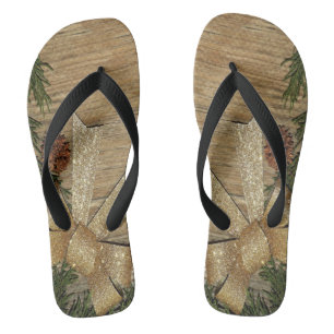 Christmas Golden Green Leaves Red Gift Winter Flip Flops