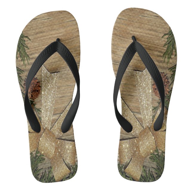 Christmas Golden Green Leaves Red Gift Winter Flip Flops (Footbed)