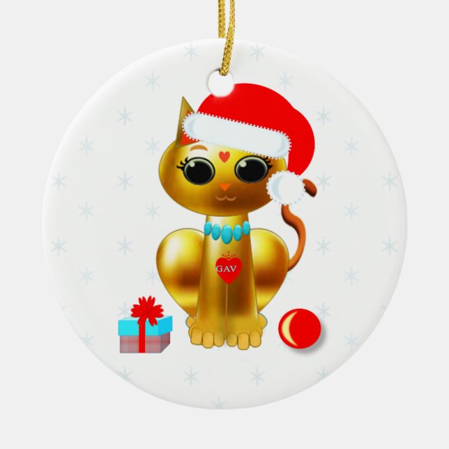 Christmas golden kitty cat cartoon ceramic tree decoration (Front)