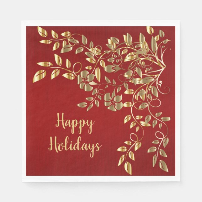 Christmas Golden Leaves Red Holidays Napkin (Front)