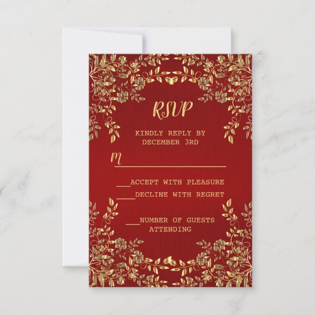 Christmas Golden Leaves Red Holidays Party RSVP Card (Front)