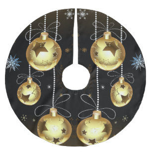 Christmas Golden Ornaments Shiny Stars Black Brushed Polyester Tree Skirt
