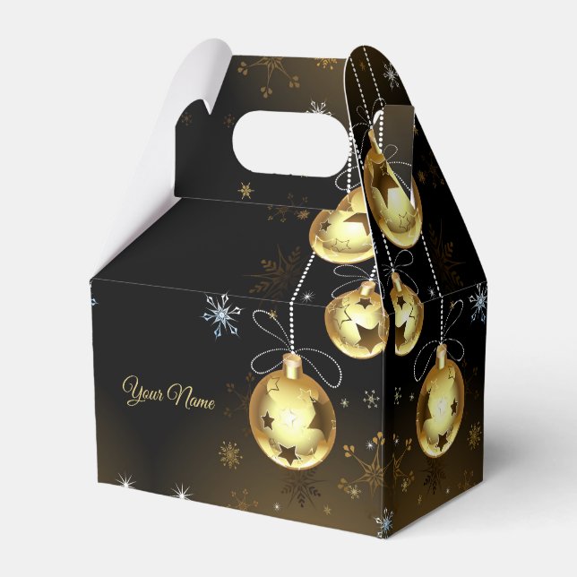 Christmas Golden Ornaments Shiny Stars Black Favour Box (Front Side)