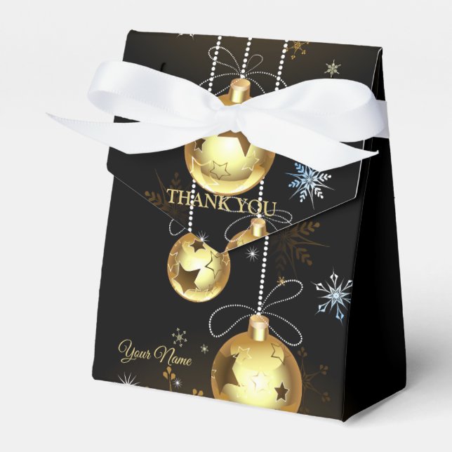 Christmas Golden Ornaments Shiny Stars Black Favour Box (Front Side)