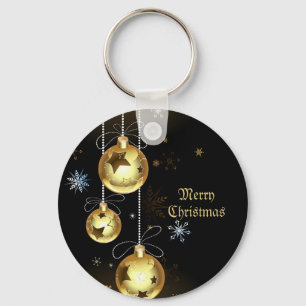 Christmas Golden Ornaments Shiny Stars Black Key Ring
