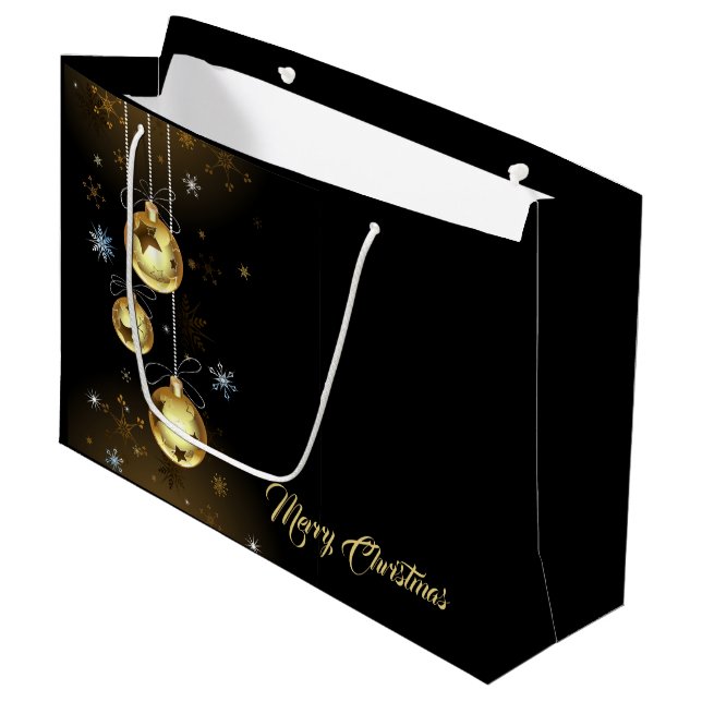 Christmas Golden Ornaments Shiny Stars Black Large Gift Bag (Front Angled)