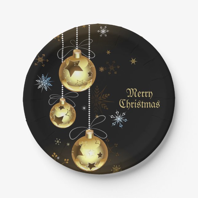 Christmas Golden Ornaments Shiny Stars Black Paper Plate (Front)
