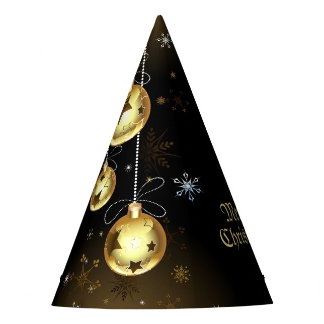 Christmas Golden Ornaments Shiny Stars Black Party Hat (Front)