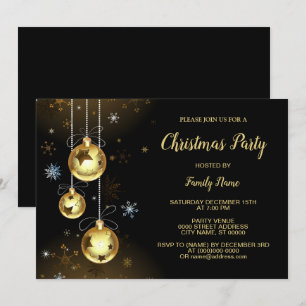 Christmas Golden Ornaments Shiny Stars Black Party Invitation