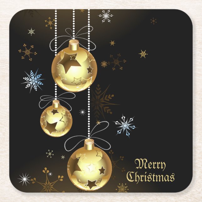 Christmas Golden Ornaments Shiny Stars Black Square Paper Coaster (Front)