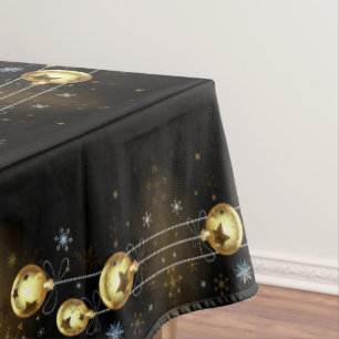 Christmas Golden Ornaments Shiny Stars Black Tablecloth