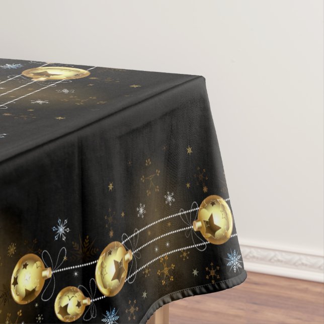 Christmas Golden Ornaments Shiny Stars Black Tablecloth (In Situ)