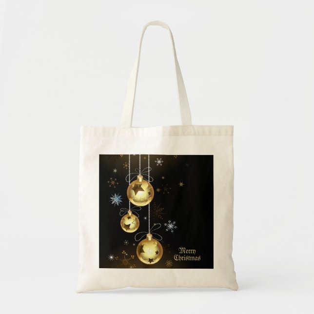 Christmas Golden Ornaments Shiny Stars Black Tote Bag (Front)