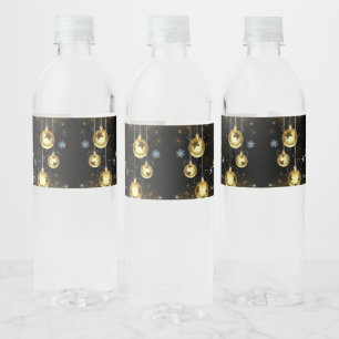 Christmas Golden Ornaments Shiny Stars Black Water Bottle Label
