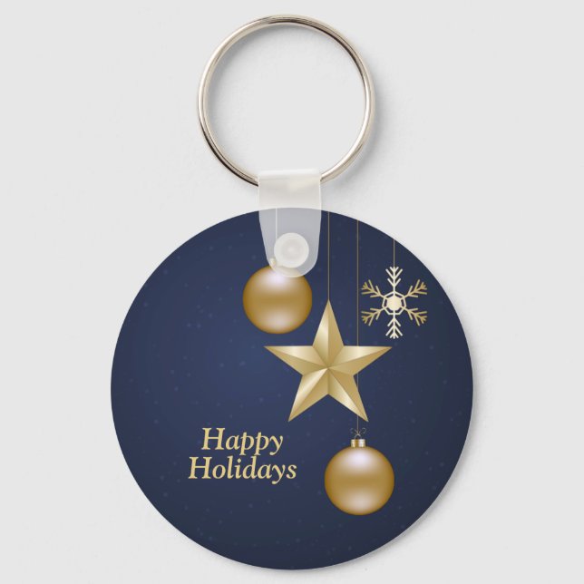 Christmas Golden Ornaments Stars Navy Blue Elegant Key Ring (Front)