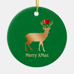Christmas golden reindeer on green ceramic tree decoration