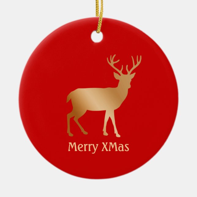Christmas golden reindeer on red ceramic tree decoration (Front)