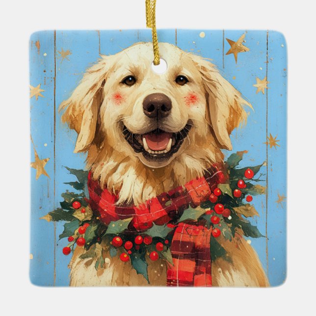 Christmas Golden Retreiver Dog Ceramic Ornament (Front)