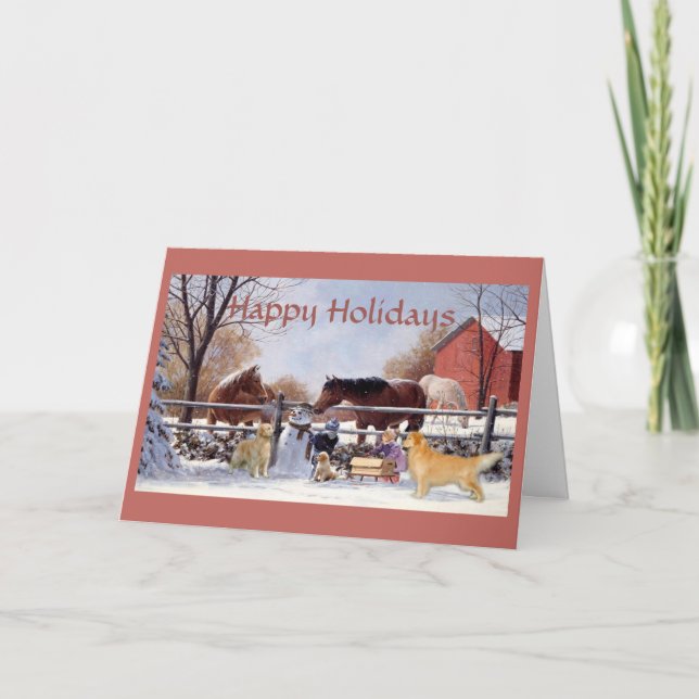 Christmas Golden Retriever and Horses At The Farm Holiday Card (Front)
