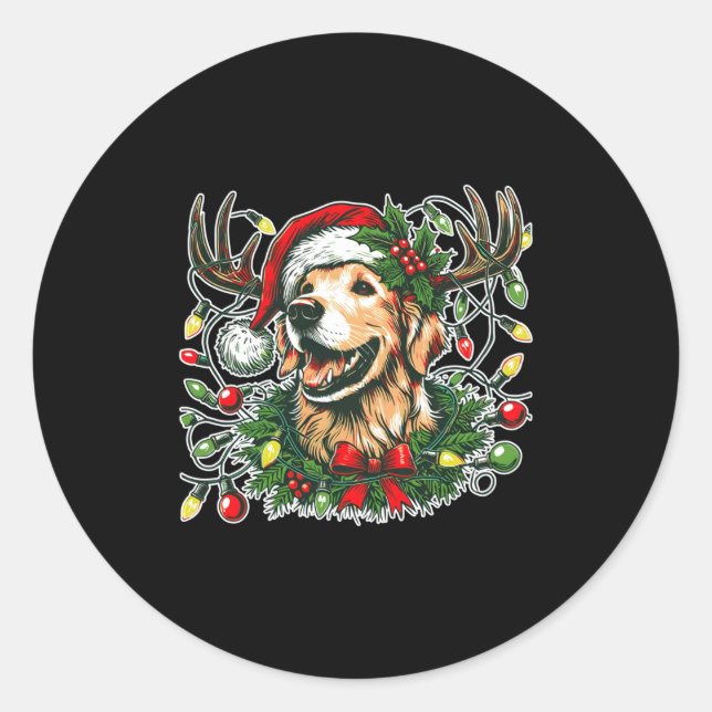 Christmas Golden Retriever Antlers Santa Hat Long  Classic Round Sticker (Front)