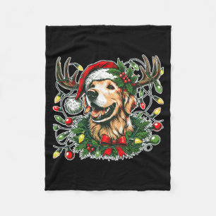 Christmas Golden Retriever Antlers Santa Hat Long Fleece Blanket