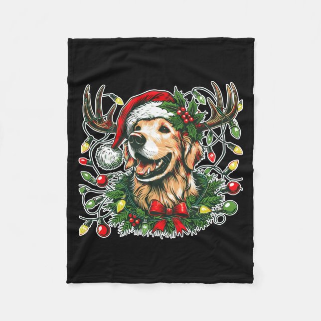 Christmas Golden Retriever Antlers Santa Hat Long  Fleece Blanket (Front)