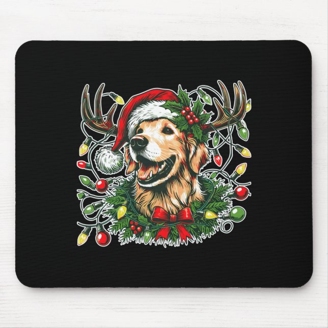 Christmas Golden Retriever Antlers Santa Hat Long  Mouse Mat (Front)