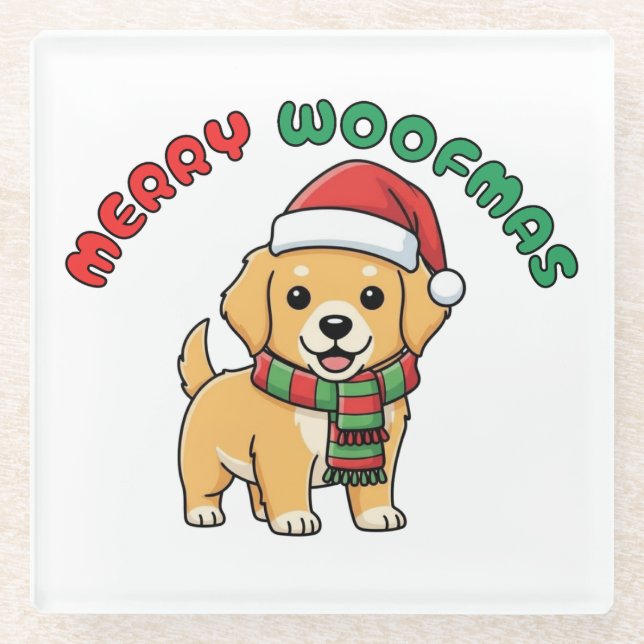 Christmas Golden Retriever Coaster: Merry Woofmas Glass Coaster (Front)