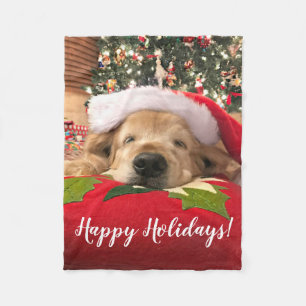 Christmas Golden Retriever Dog Asleep Under Tree Fleece Blanket