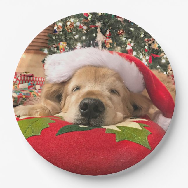 Christmas Golden Retriever Dog Asleep Under Tree Paper Plate (Front)